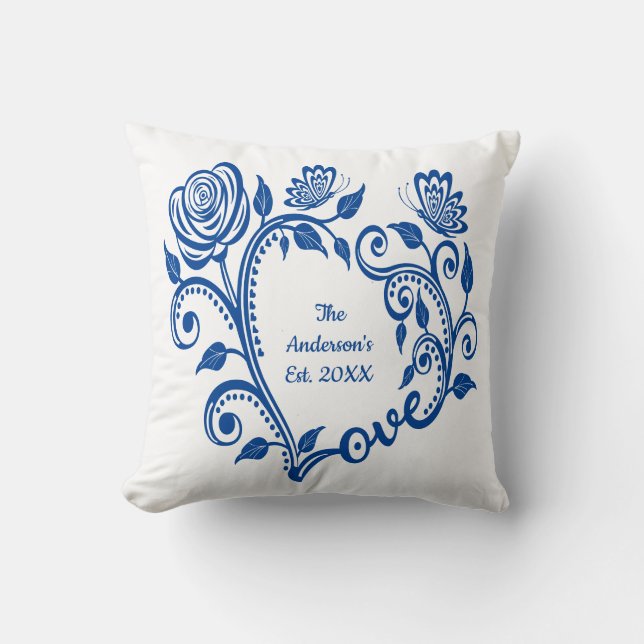 Coussin Monogramme Nom Papillons Bleus Fleurs Amour Coeur (Recto)