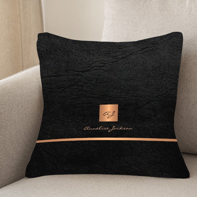 Coussin Monogramme nom personnalisé or noir élégant (Créateur téléchargé)