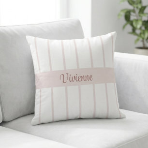 Coussin Monogramme Nom Rayures Aquarelle Rose Pâle