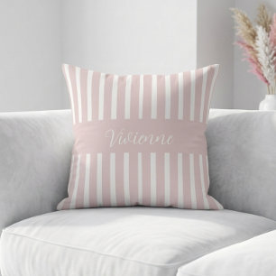 Coussin Monogramme Nom Rayures Aquarelle Rose Pâle