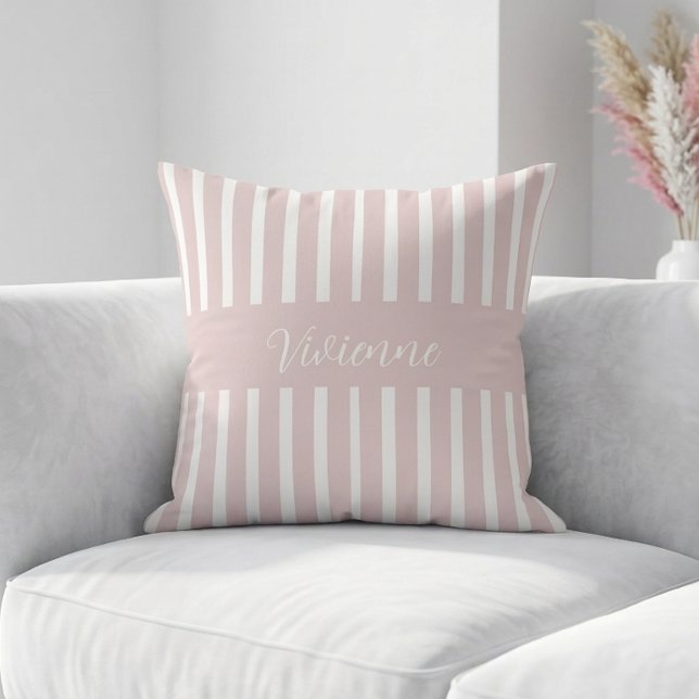 Coussin Monogramme Nom Rayures Aquarelle Rose Pâle (Blush Pink Watercolor Stripes Monogram Name Throw Pillow)
