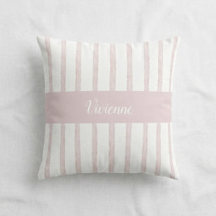 Coussin Monogramme Nom Rayures Aquarelle Rose Pâle
