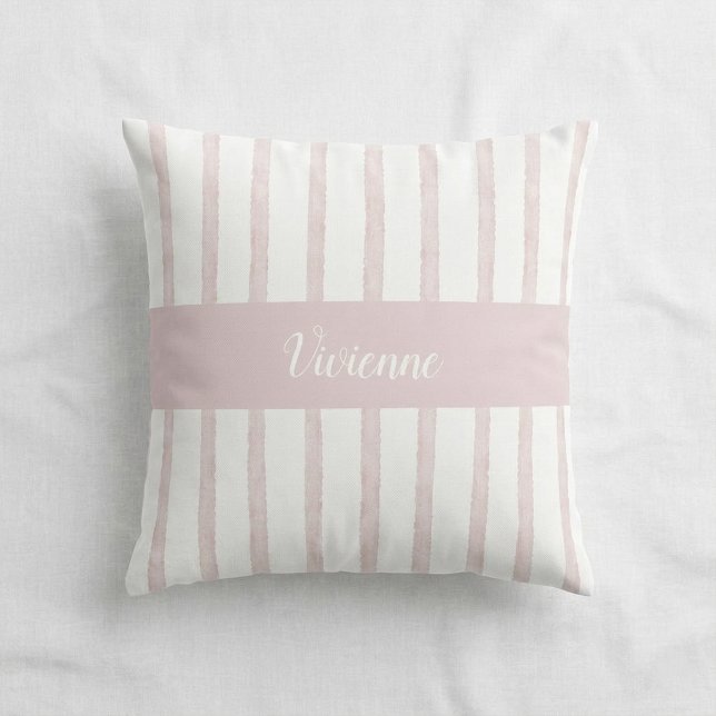 Coussin Monogramme Nom Rayures Aquarelle Rose Pâle (Blush Pink Watercolor Stripes Monogram Name Throw Pillow)