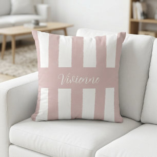 Coussin Monogramme Nom Rayures Aquarelle Rose Pâle