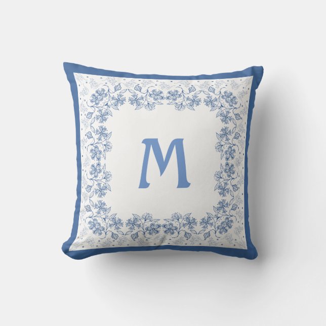 Coussin Monogramme nostalgique Frontière florale Indigo (Recto)