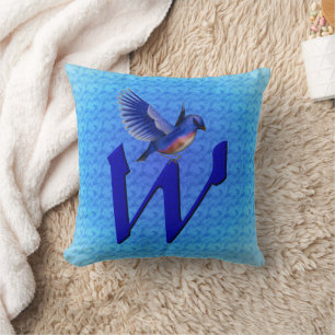 Coussin Monogramme Oiseau Bleu Initial W