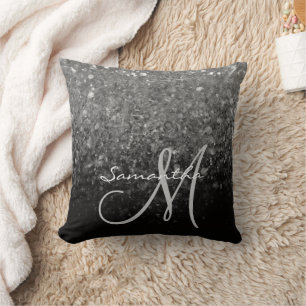 Coussin Monogramme ombré moderne argent et noir pailleté