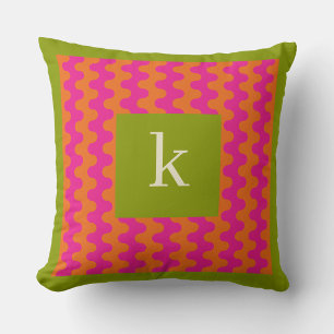 Coussin Monogramme ondulé audacieux rose orange vert vif 