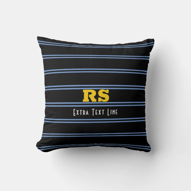 Coussin Monogramme Or Gras, Nom, Lignes Bleues sur Noir (Recto)