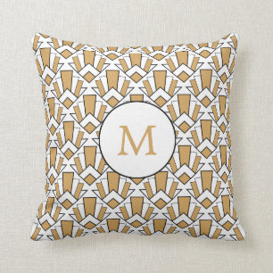 Coussin Monogramme Or, Noir, Blanc Fleurs Ventilateurs Art