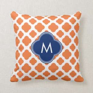 Coussin Monogramme Orange et Royal Blue Quatrefoil