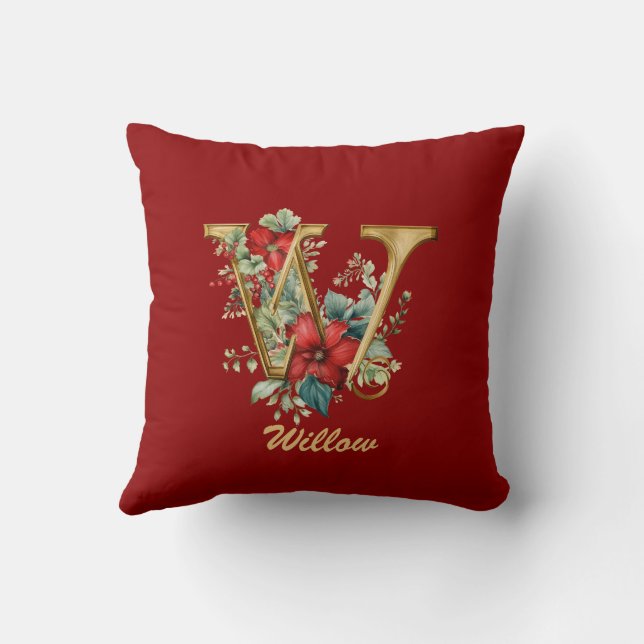 Coussin Monogramme Ornate W Noël Jeu d'or rouge (Verso)