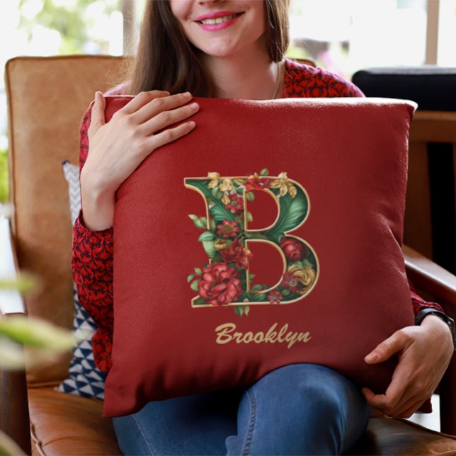 Coussin Monogramme Orné Personnalisé B Noël Rouge Or (Créateur téléchargé)