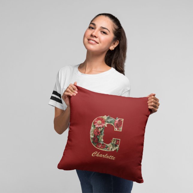 Coussin Monogramme Orné Personnalisé C Noël Rouge Or (Créateur téléchargé)