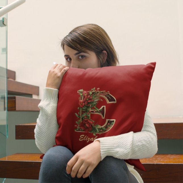Coussin Monogramme Orné Personnalisé E Noël Rouge Or (Créateur téléchargé)