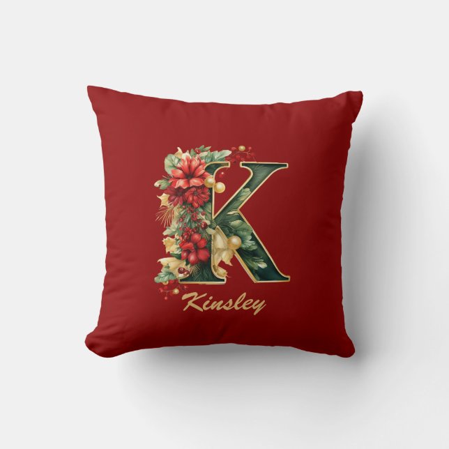 Coussin Monogramme Orné Personnalisé K Noël Rouge Or (Recto)