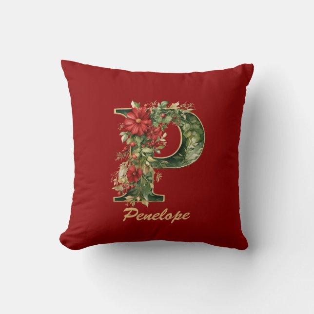 Coussin Monogramme Orné Personnalisé P Noël Rouge Or (Recto)