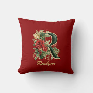 Coussin Monogramme Orné Personnalisé R Jeu d'or rouge Noël