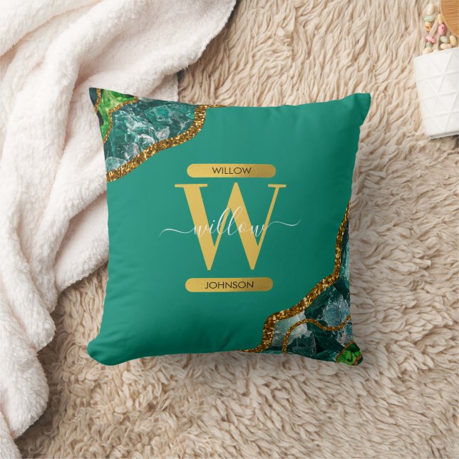 Coussin Monogramme Pailleté de Géode d'Agate Vert Émeraude (Couverture)