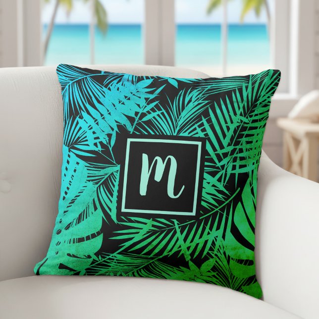 Coussin Monogramme palmier tropical turquoise vert ombré g (Créateur téléchargé)