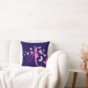 Coussin Monogramme Papillon bleu rose