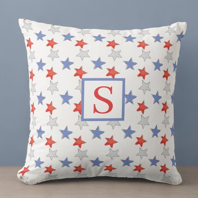 Coussin Monogramme patriotique Rouge Blanc Bleu étoiles (Créateur téléchargé)