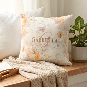 Coussin Monogramme personnalisé à l'aquarelle florale élég