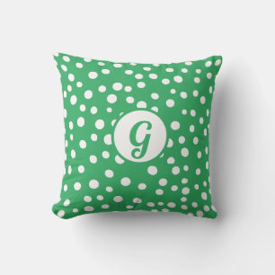 Coussin Monogramme Personnalisé Accent Vert Et Blanc Polka