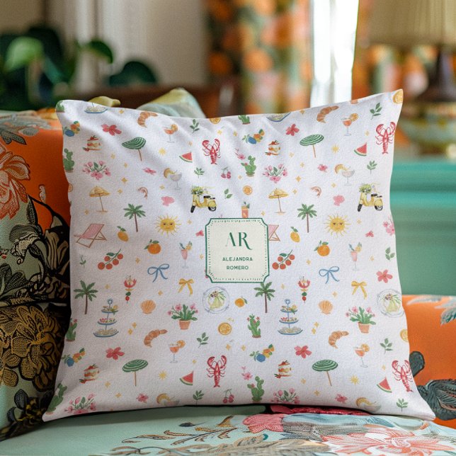 Coussin Monogramme personnalisé aquarelle d'été (Créateur téléchargé)