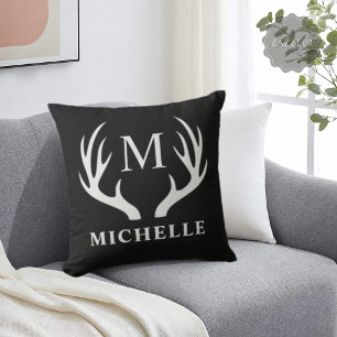 Coussin Monogramme personnalisé avec Antler Cerf Blanc Noi