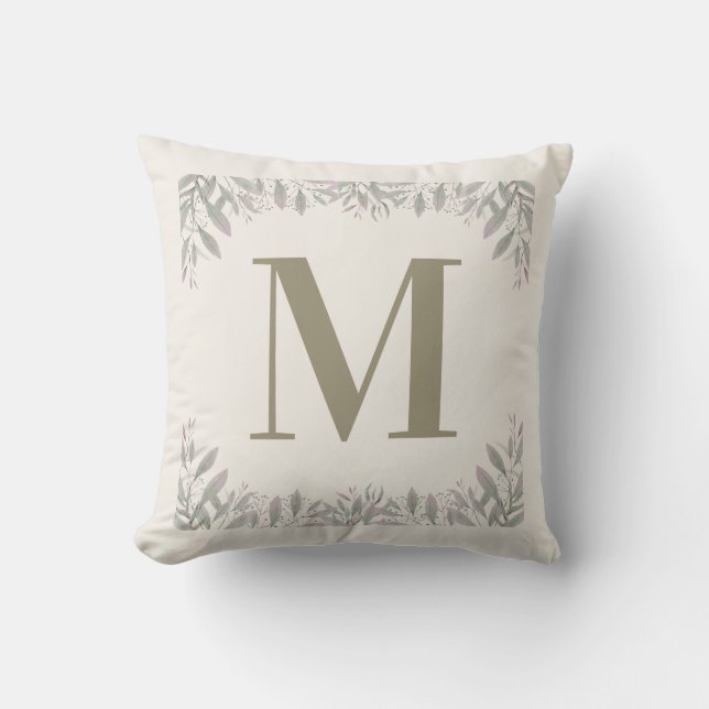 Coussin Monogramme personnalisé avec bordure botanique élé (Recto)