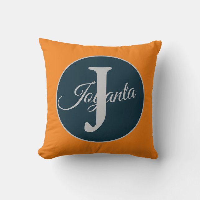 Coussin Monogramme personnalisé bleu gris orange Élégant (Recto)