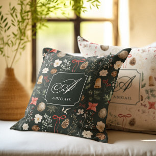 Coussin Monogramme Personnalisé Botanique Vert Foncé