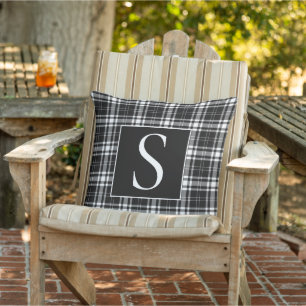 Coussin Monogramme personnalisé carreaux tartan noir et bl
