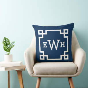 Coussin Monogramme personnalisé clé grecque bleu marine mo
