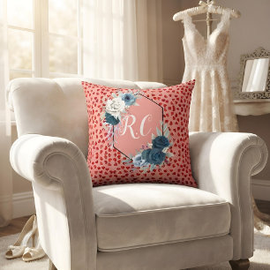 Coussin Monogramme personnalisé Cœur rouge mignon & floral