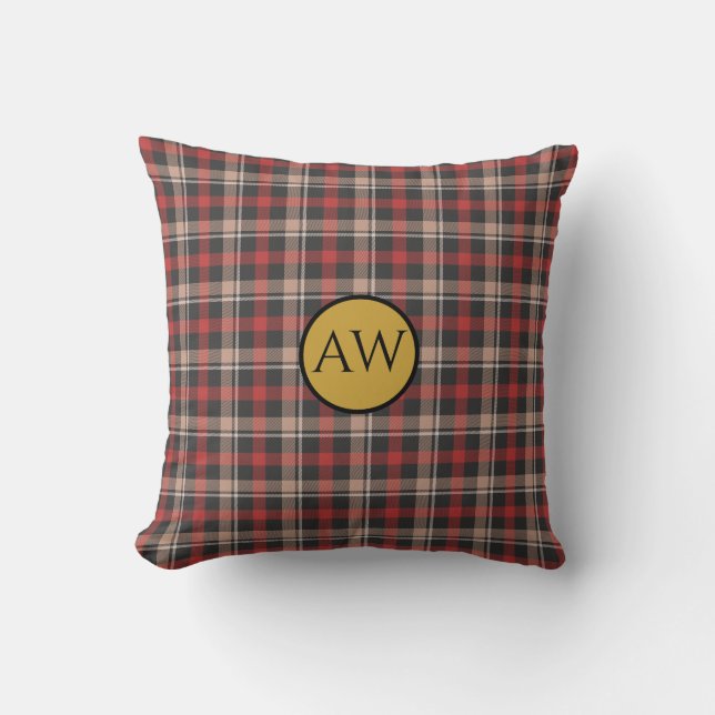 Coussin Monogramme personnalisé de Tartan noir et crème (Recto)