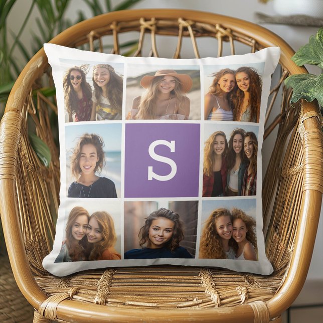 Coussin Monogramme personnalisé Eggplant et collage photo  (Custom Photo Pillow - Add Your Own Pics!)