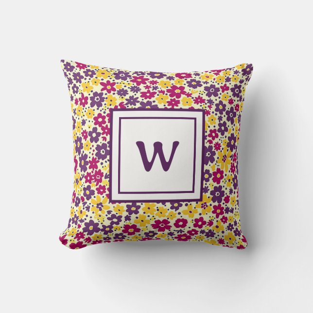 Coussin Monogramme Personnalisé - Élégante Florale Moderne (Recto)