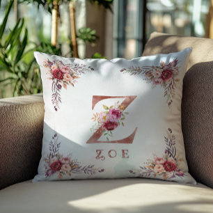 Coussin Monogramme personnalisé en lettre Z floral or rose