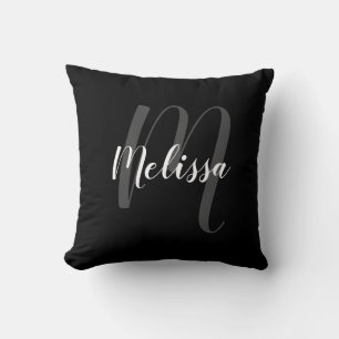 Coussin Monogramme personnalisé et nom Black Elegant