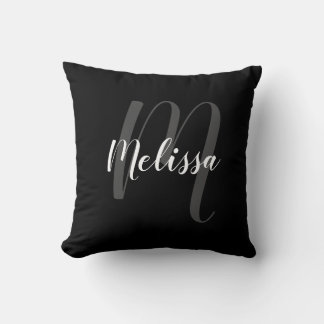 Coussin Monogramme personnalisé et nom Black Elegant