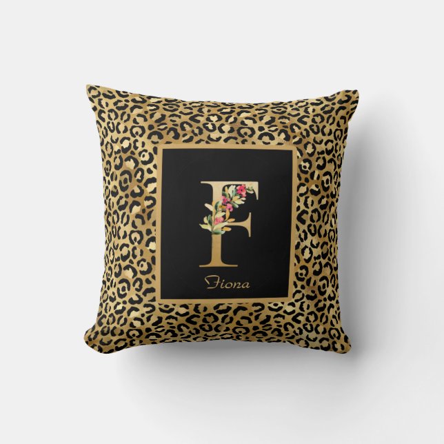 Coussin Monogramme personnalisé F Léopard Moderne (Recto)