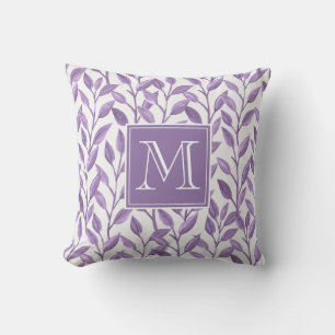 Coussin Monogramme personnalisé Feuilles violets clairs