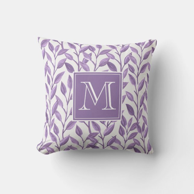 Coussin Monogramme personnalisé Feuilles violets clairs (Recto)