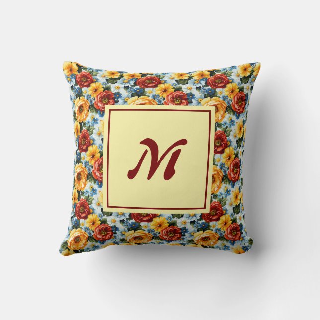 Coussin Monogramme Personnalisé – Floral Moderne Élégant (Verso)