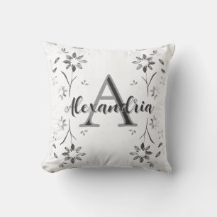 Coussin Monogramme personnalisé floral noir et blanc délav