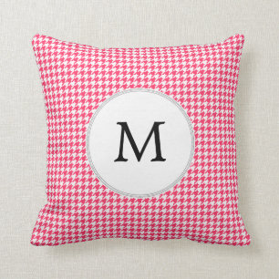 Coussin Monogramme personnalisé Houndstooth rose et blanc