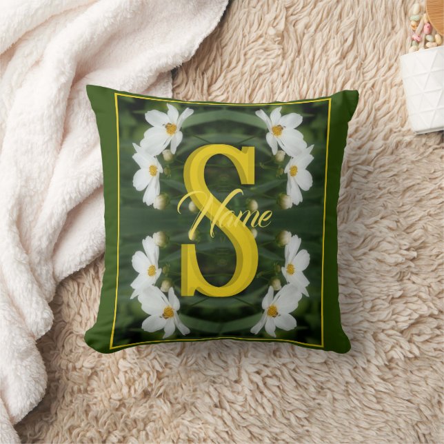 Coussin Monogramme personnalisé initial nom Art Daisy blan (Couverture)