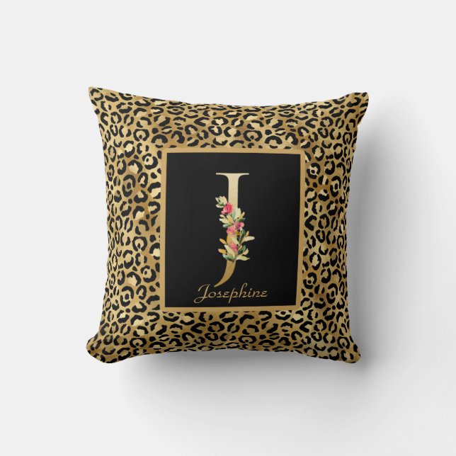 Coussin Monogramme personnalisé J moderne léopard (Recto)